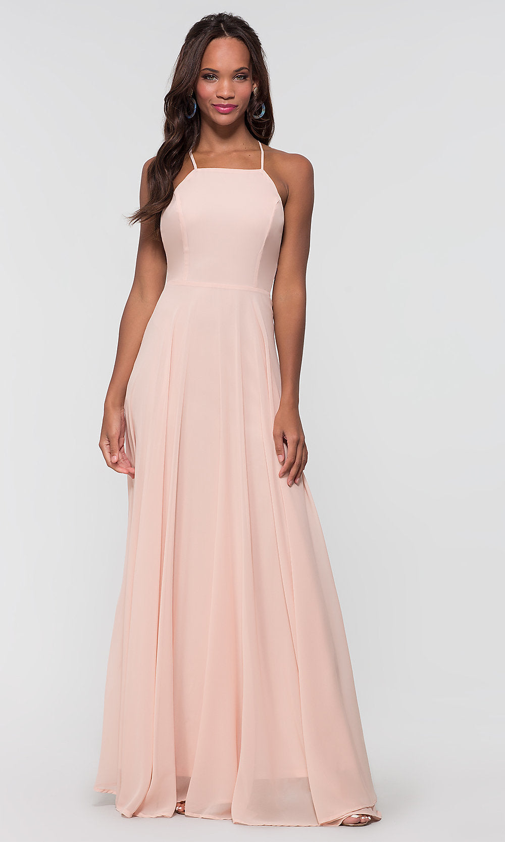 Blush Square-Neck Long Chiffon Prom Dress