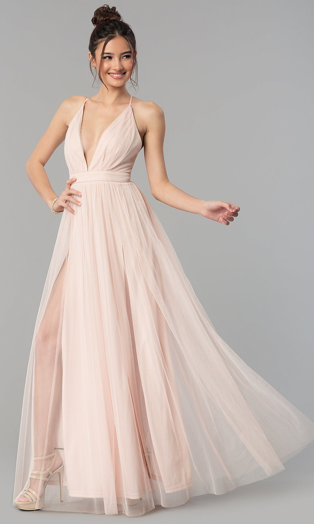 Blush Low-V-Neck Tulle Long Prom Dress with Double Slits