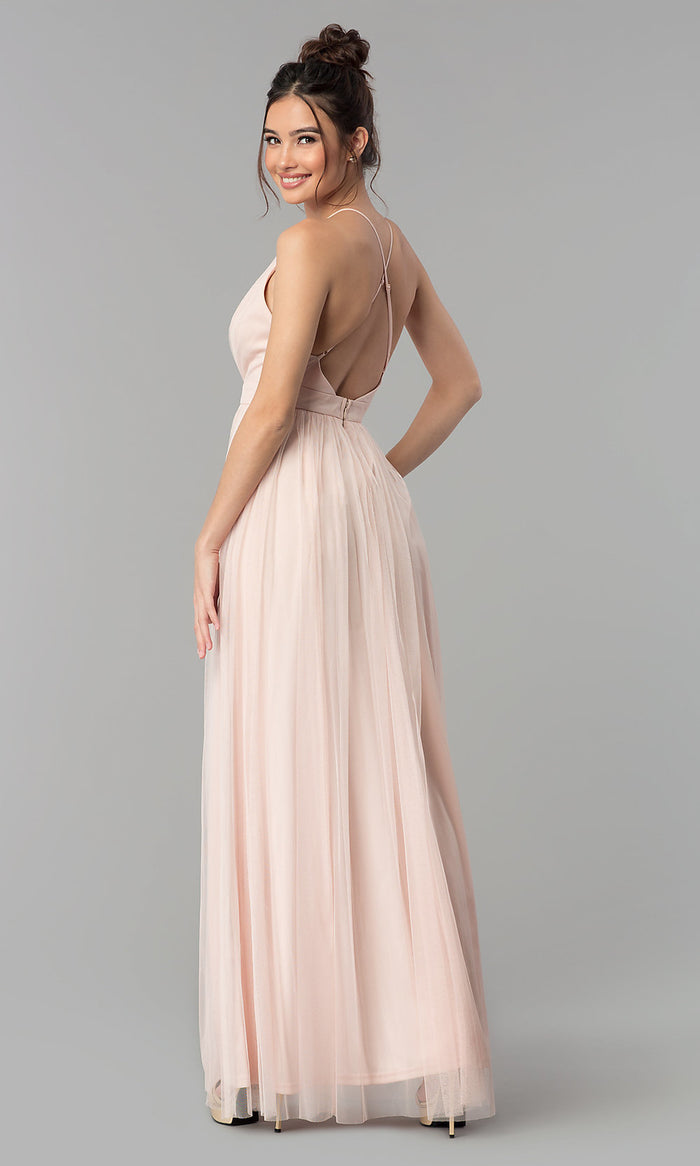  Low-V-Neck Tulle Long Prom Dress with Double Slits