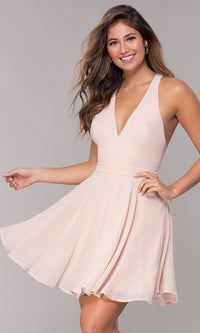 Blush Short Chiffon V-Neck Homecoming Dress with Sash