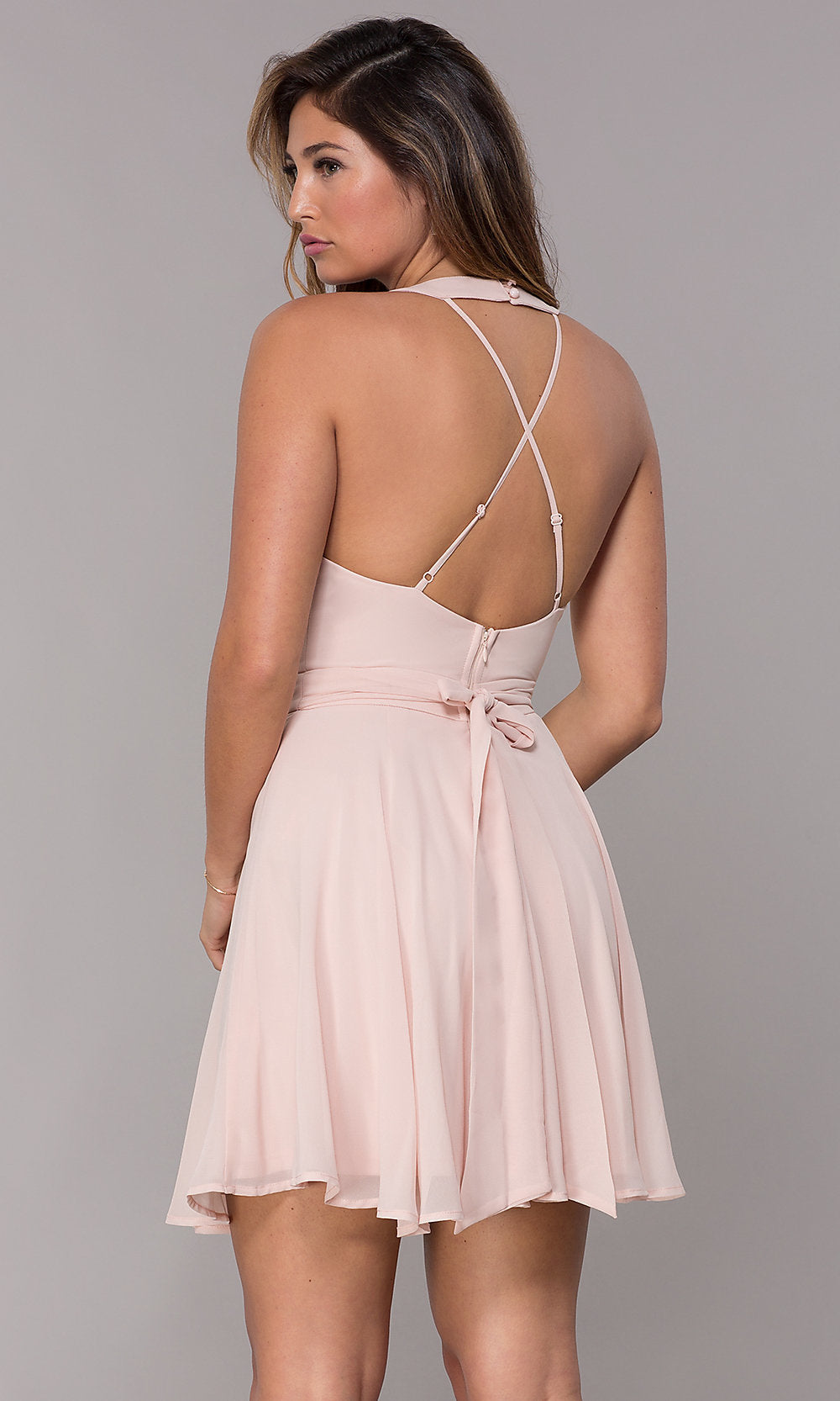  Short Chiffon V-Neck Homecoming Dress with Sash