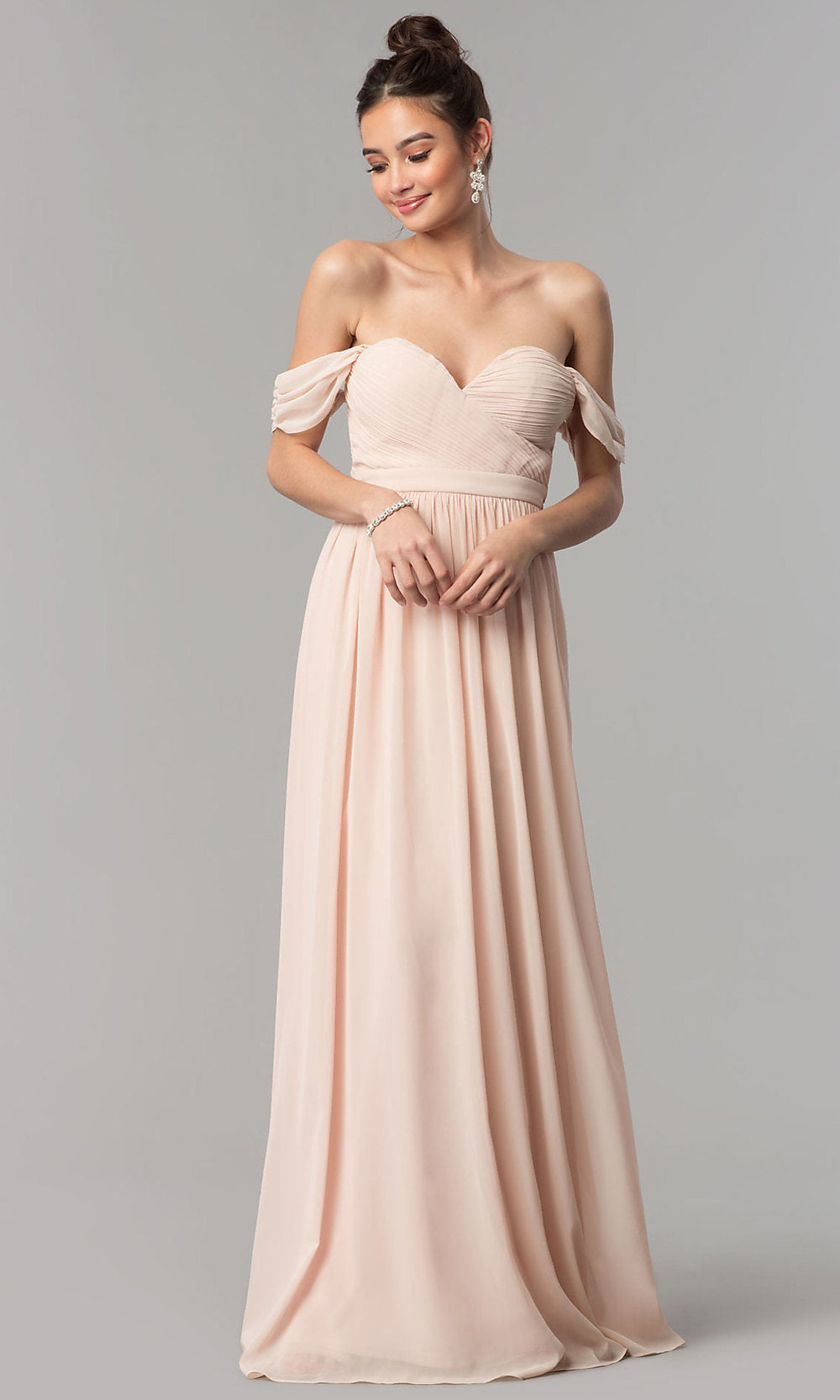 Blush Ruched-Sweetheart-Bodice Long Chiffon Prom Dress