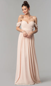 Blush Ruched-Sweetheart-Bodice Long Chiffon Prom Dress