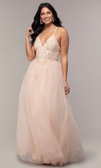  Long Tulle V-Neck Lace-Bodice Formal Prom Dress