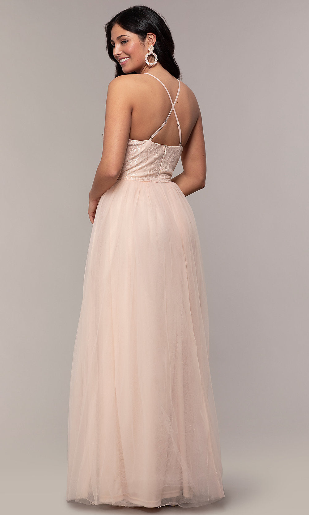 Blush Long Tulle V-Neck Lace-Bodice Formal Prom Dress