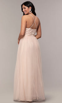 Blush Long Tulle V-Neck Lace-Bodice Formal Prom Dress