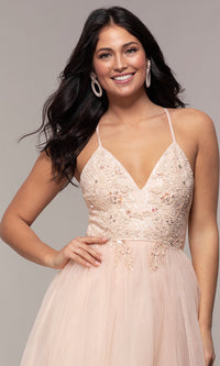  Long Tulle V-Neck Lace-Bodice Formal Prom Dress