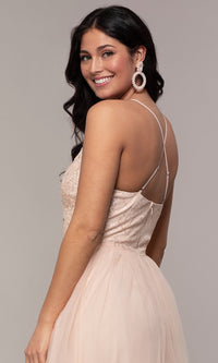  Long Tulle V-Neck Lace-Bodice Formal Prom Dress