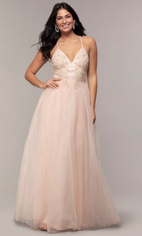  Long Tulle V-Neck Lace-Bodice Formal Prom Dress