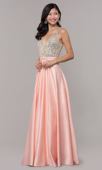 Blush Sequin-Bodice Long Prom Dress in Blush Pink