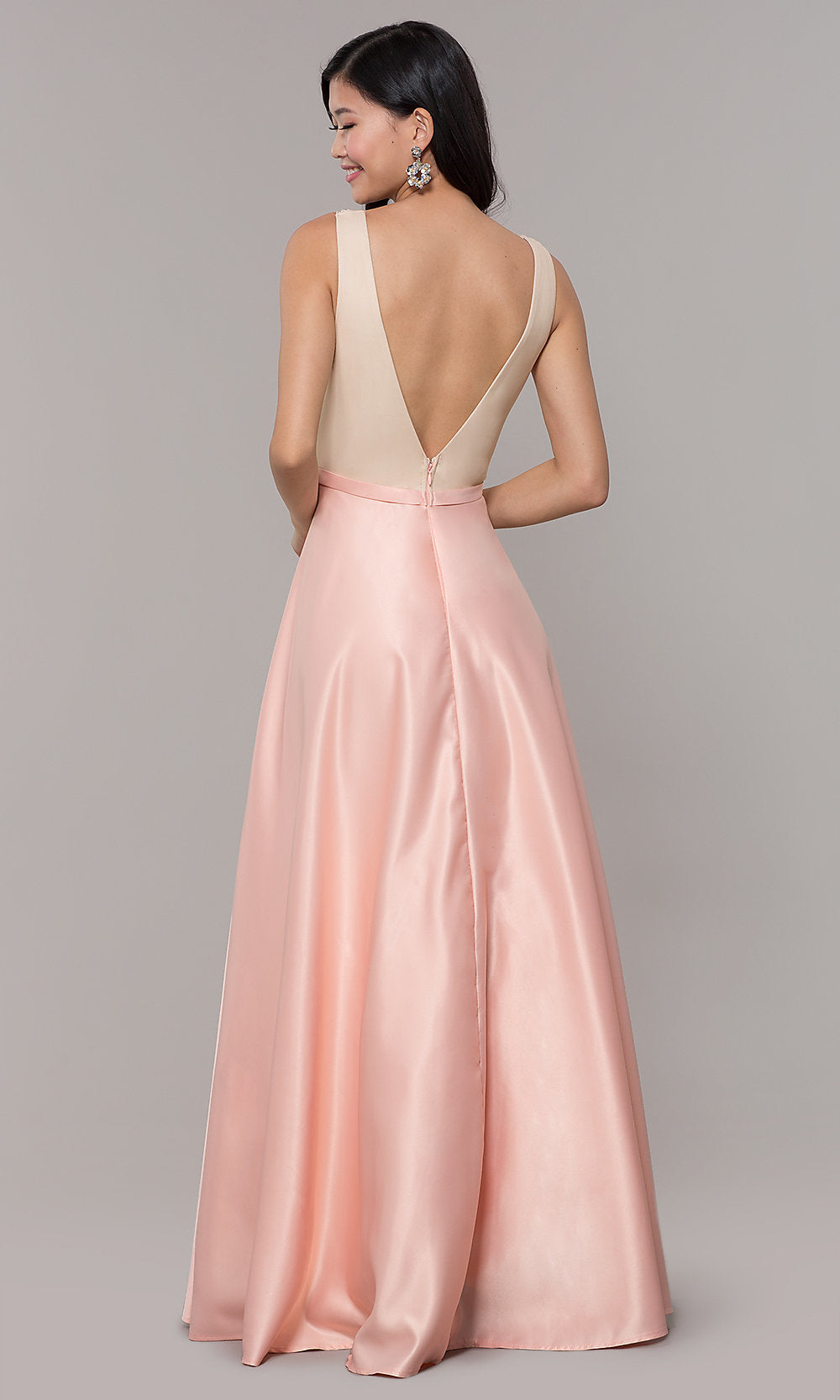  Sequin-Bodice Long Prom Dress in Blush Pink