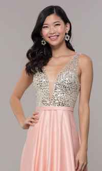  Sequin-Bodice Long Prom Dress in Blush Pink