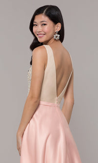  Sequin-Bodice Long Prom Dress in Blush Pink