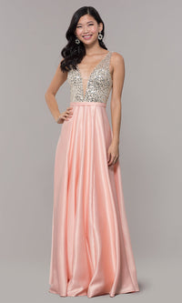  Sequin-Bodice Long Prom Dress in Blush Pink