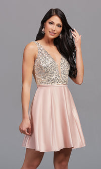 Blush Short Sequin-Bodice Satin Homecoming Party Dress