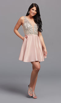  Short Sequin-Bodice Satin Homecoming Party Dress