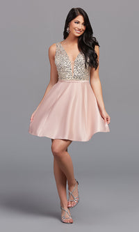  Short Sequin-Bodice Satin Homecoming Party Dress