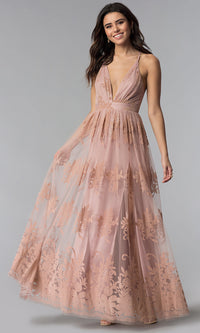 Blush Illusion Long Formal Dress with Low V-Neck and Slits