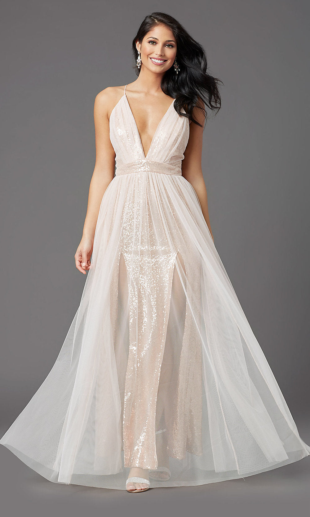 Blush Long Low-V-Neck Sequin Prom Dress with Tulle