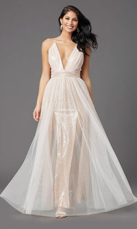 Blush Long Low-V-Neck Sequin Prom Dress with Tulle