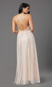  Long Low-V-Neck Sequin Prom Dress with Tulle