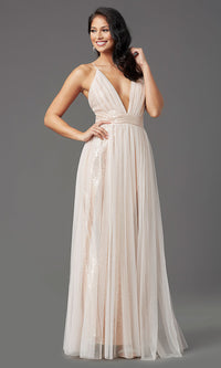  Long Low-V-Neck Sequin Prom Dress with Tulle