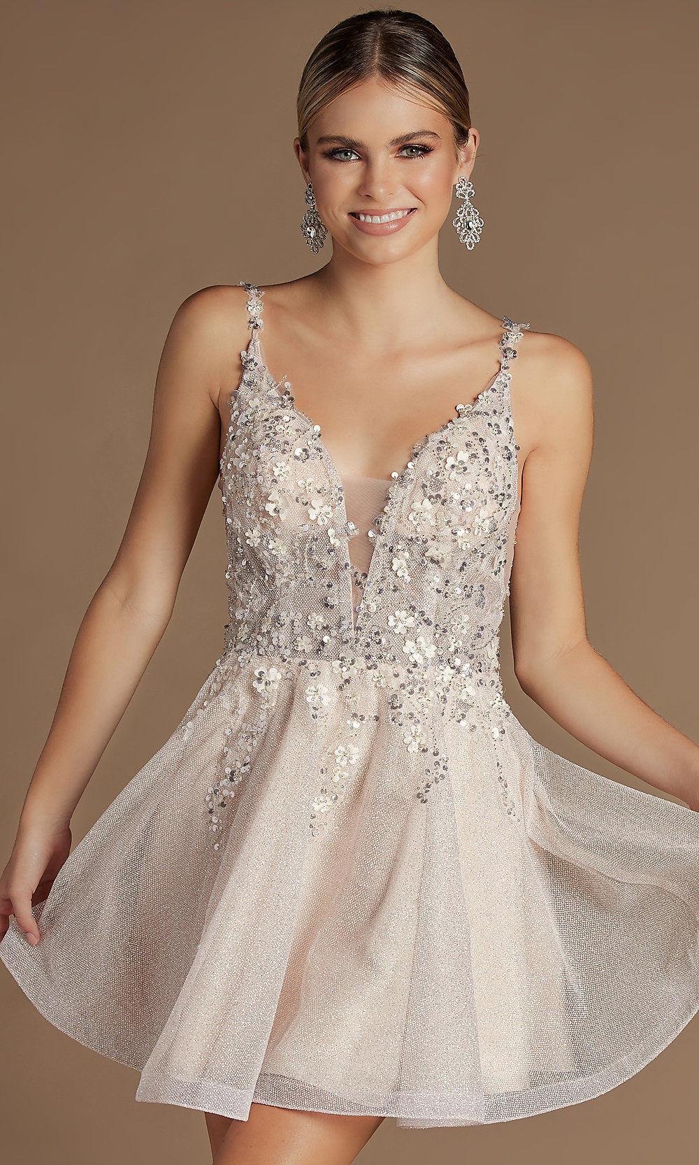 Blush Embroidered Short Glitter Pastel Homecoming Dress