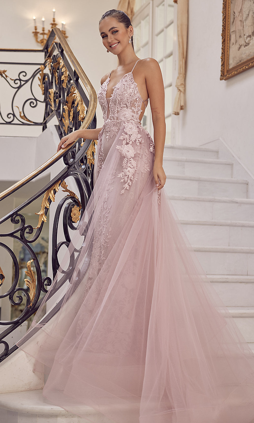 Blush Pink Lace Applique Prom Dresses With Slit Spaghetti Strap Evenin –  Viniodress