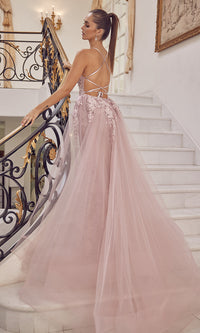  Long Blush Pink Lace Prom Dress with Tulle Skirt