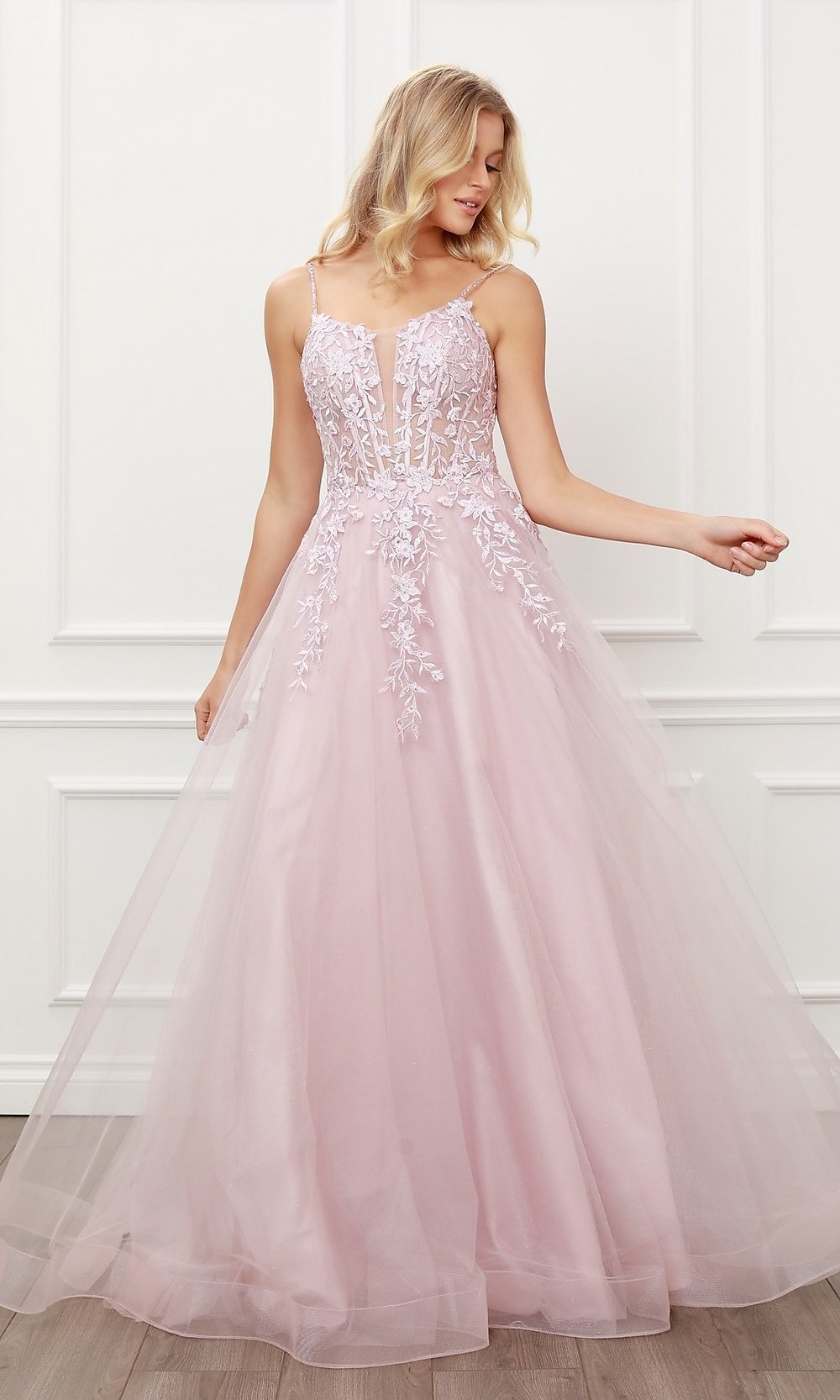 Blush Pink Embroidered Prom Ball Gown with Corset