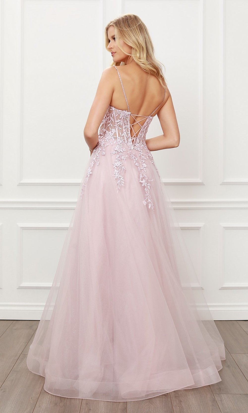Sheer-Embroidered-Corset Long Prom Ball Gown - PromGirl