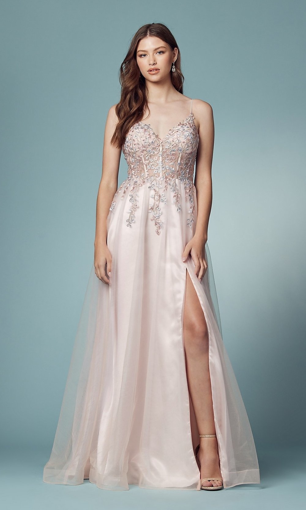 Blush Blush Pink Prom Ball Gown with Sheer Corset Bodice