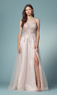 Blush Blush Pink Prom Ball Gown with Sheer Corset Bodice