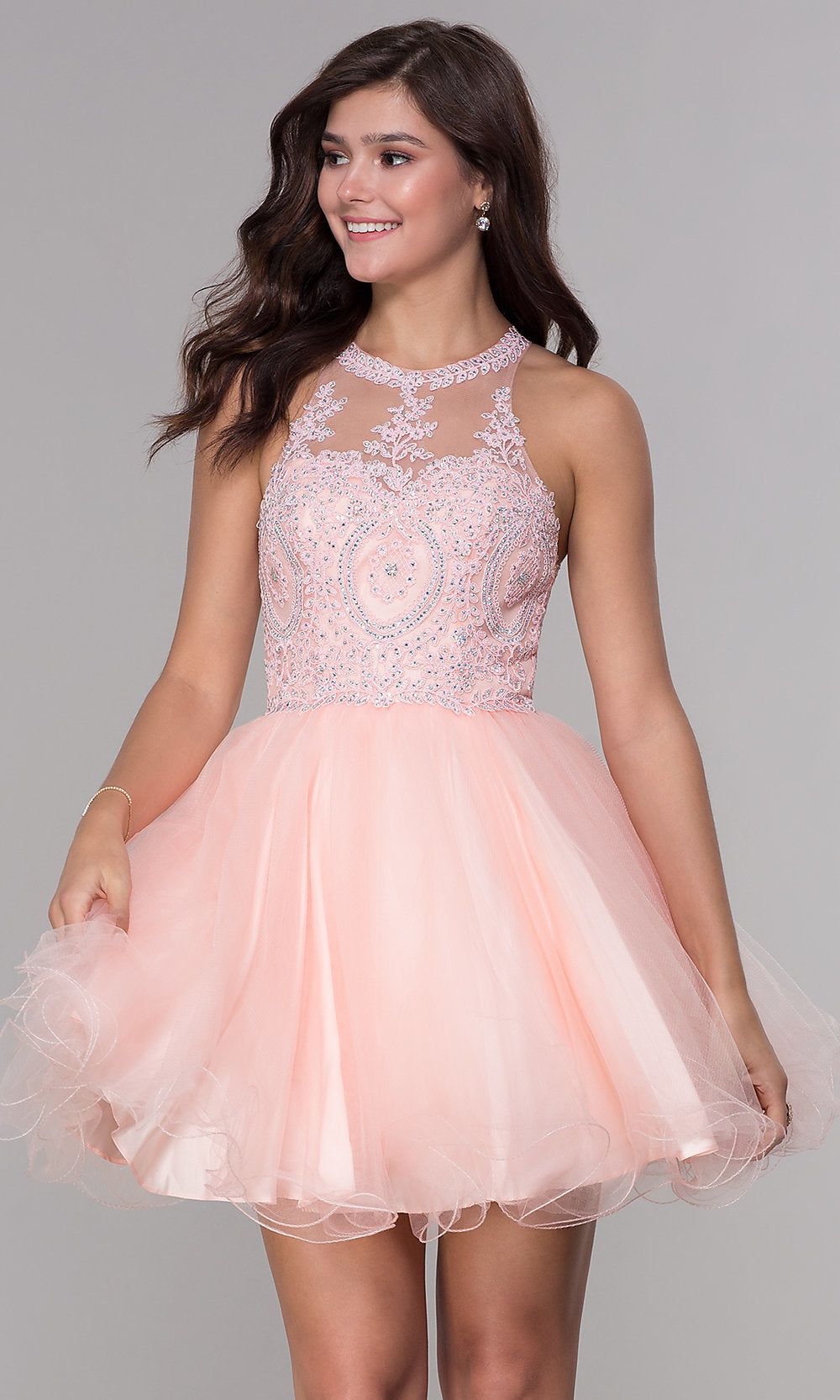 Short Babydoll Homecoming Dress with Sheer Bodice Blush / 2XLarge