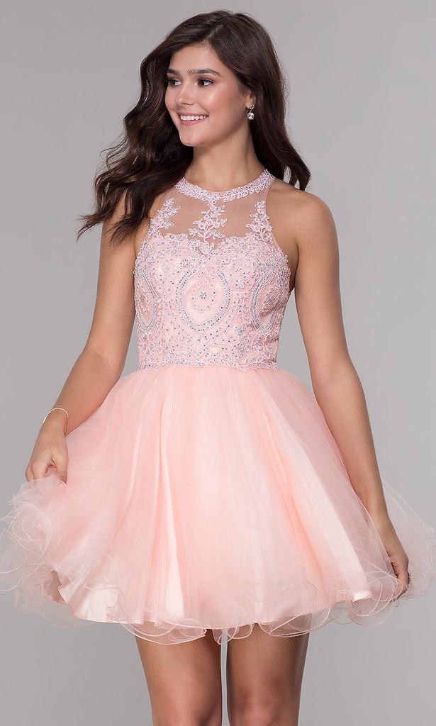 Sheer Bodice Short Babydoll Homecoming Dress