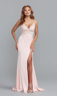 Blush Long Sexy Prom Dress with Embroidered Sheer Bodice