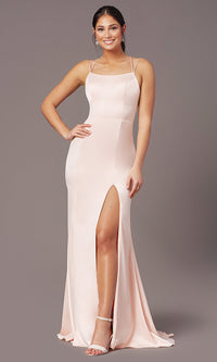 Blush Open-Back Long Empire-Waist Prom Dress by PromGirl