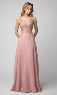 Blush Shail K Long Prom Dress with Beaded V-Neck Bodice