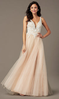  Long Tulle Embroidered-Bodice Prom Dress by PromGirl