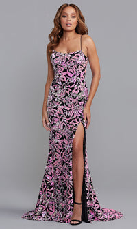 Blush Multi Sequin-Print Long Velvet Formal Dress with Slit