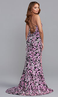  Sequin-Print Long Velvet Formal Dress with Slit