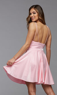  Satin V-Neck Short Prom Dress with Pockets