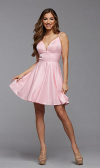  Satin V-Neck Short Prom Dress with Pockets