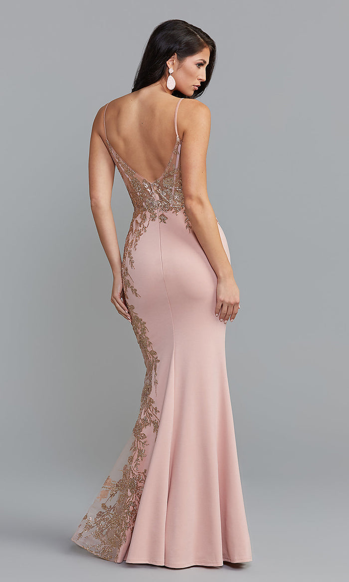  Long Rose Gold Pink Prom Dress with Metallic Accents