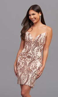 Bouquet/Rose Gold Low-V-Neck Sequin-Print Short Homecoming Dress