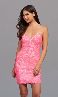 Bright Pink Corset-Back Bright Short Sequin Homecoming Dress