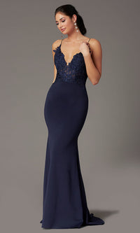 Buona Notte Long V-Neck Lace-Bodice PromGirl Prom Dress