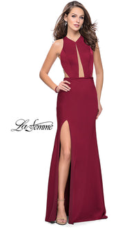 Burgundy Open-Back La Femme Long Prom Dress with Slit