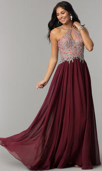 Burgundy Keyhole Embellished-Bodice Long Chiffon Prom Dress