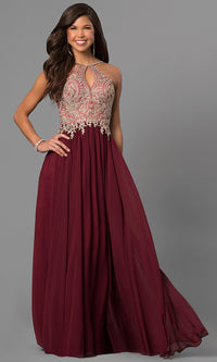 Burgundy Black Long Junior Prom Dress with Beaded Bodice